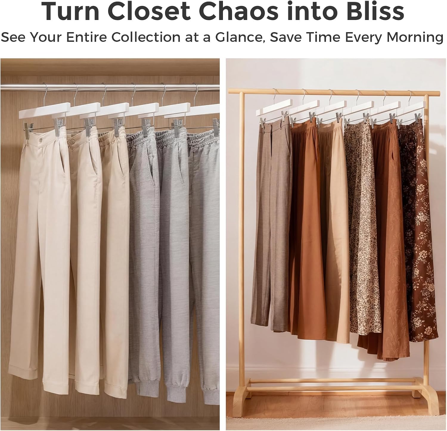 HOUSE DAY Premium Wooden Pants Skirts Hangers, Solid Wood Trousers Bottom Hanger with 2-Adjustable Clips, Clip Hangers for Slacks, Jeans, Shorts (White, Pack of 50)