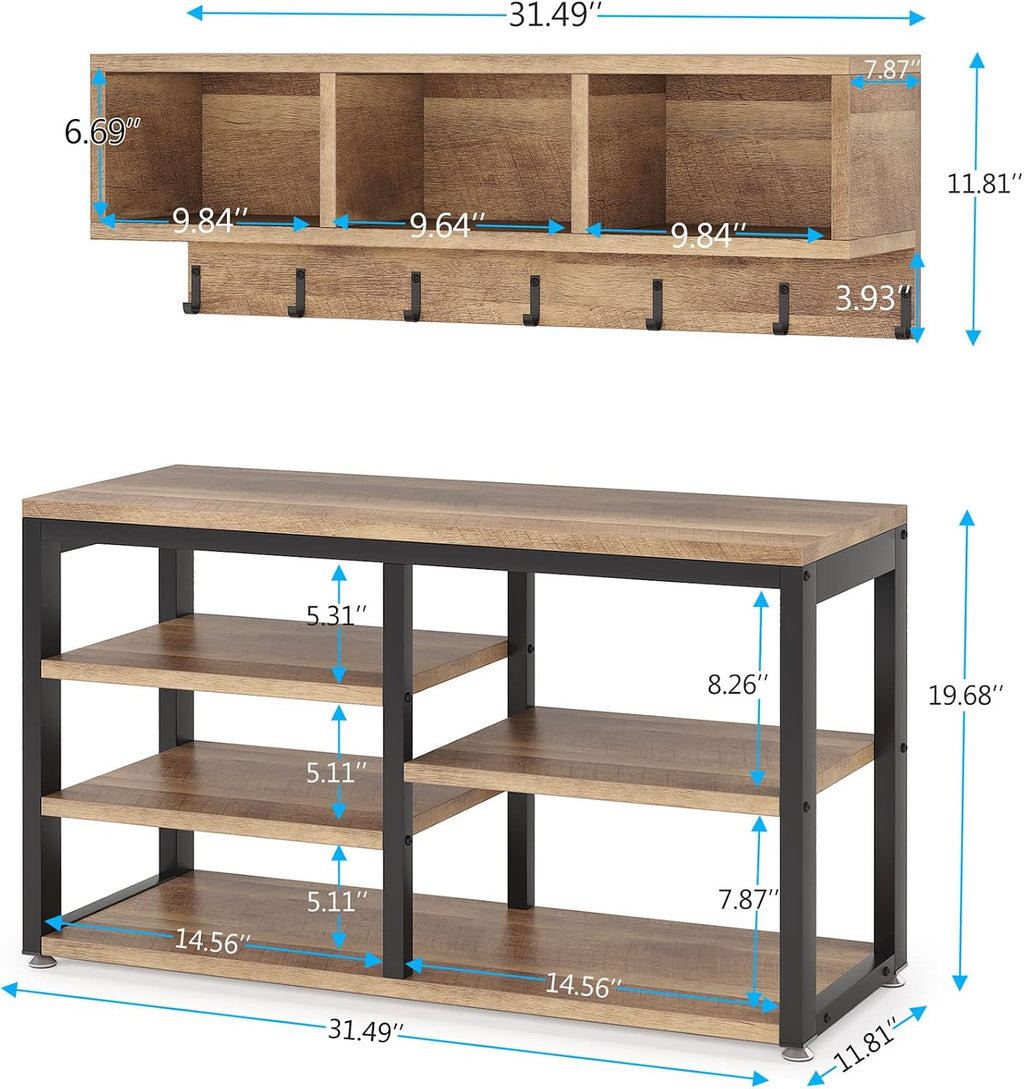 LITTLE TREE Coat Shoe Rack, Hall Tree Entryway Bench Set for Hallway, Living Room, Bedroom, Oak+Black