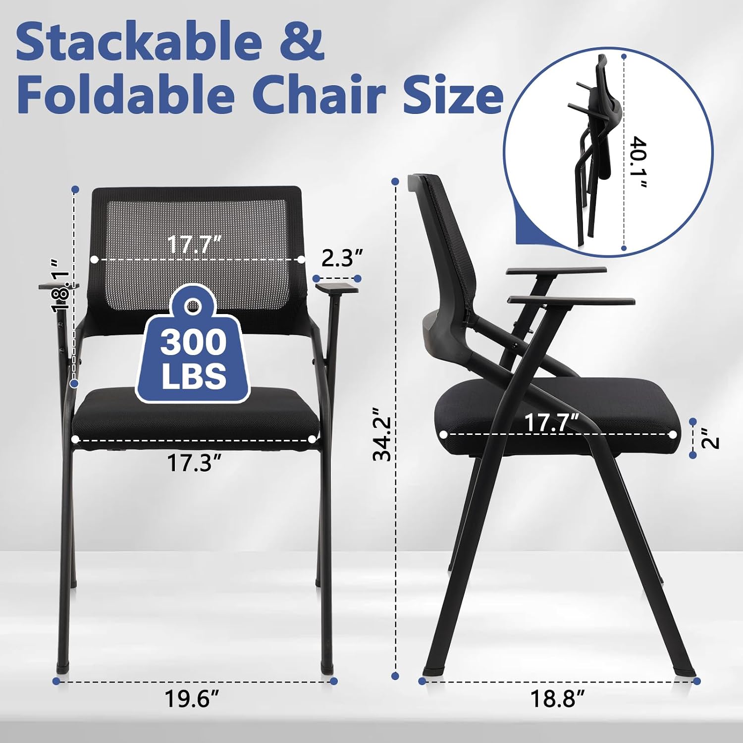CLATINA Stackable & Foldable Office Chairs with Ergonomic Lumbar Support and Thickened Seat Cushion, Folding Mesh Fabric Reception Guest Chair for School Church Lobby Conference Room, Black (2pk)