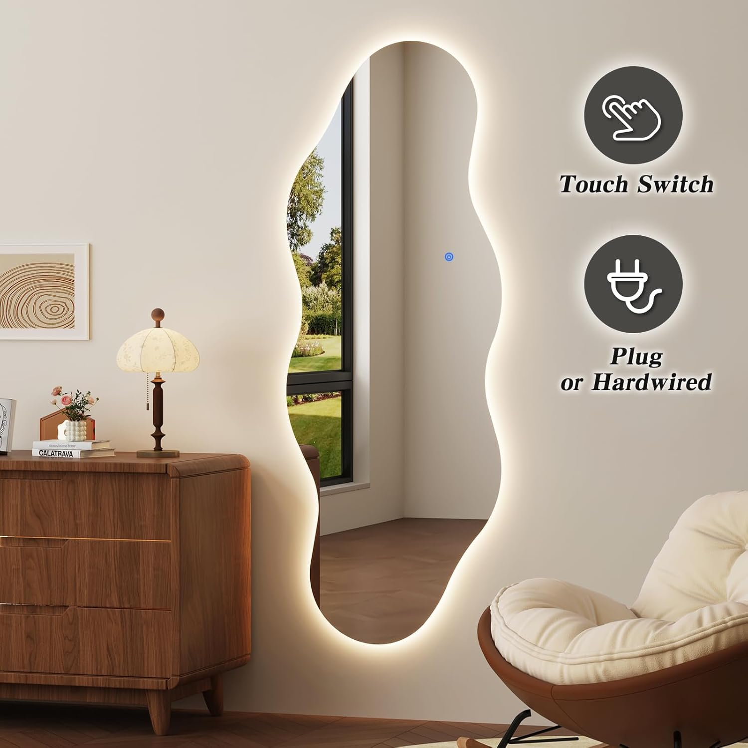 QDSSDECO LED Full Length Mirror 63"x24" Irregular Wall Mirror Wave Frameless for Living Room Bathroom Bedroom Entryway Decor