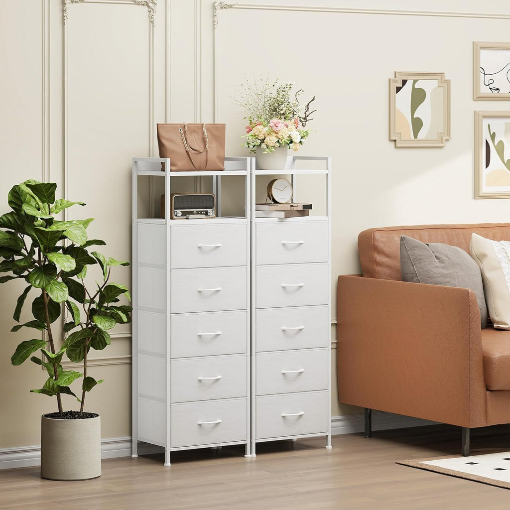 Somdot Tall Nightstand with 5 Drawers, Vertical Fabric Dresser for Bedroom | Storage Tower for Bedside, Hallway, Entryway, Kids Room and Closet, White