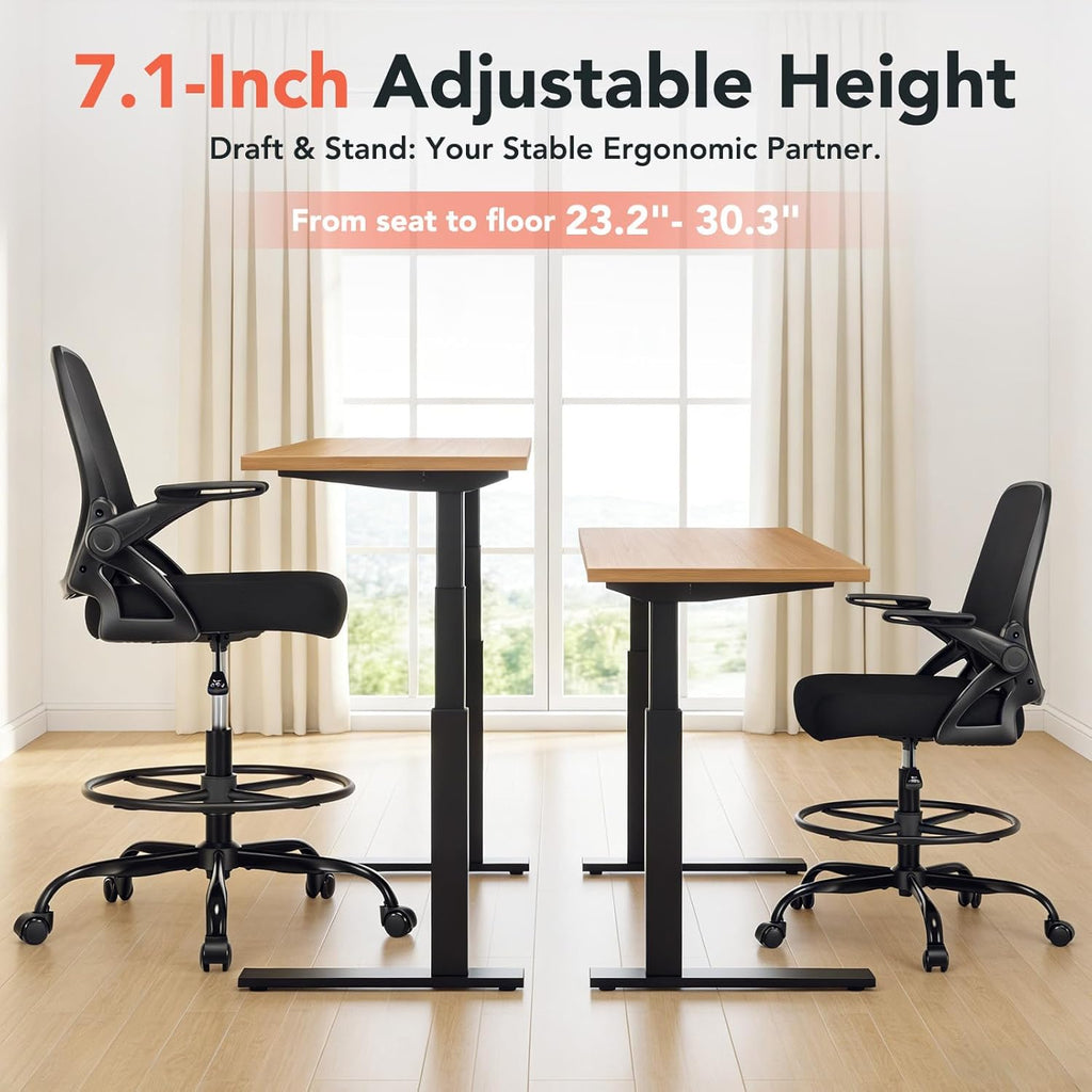 Drafting Chair, Tall Office Chair with Adjustable Footrest Ring, Standing Desk Chair with Flip-Up Armrests, Breathable Mesh High Desk Chair for Counter Height Desk, Black