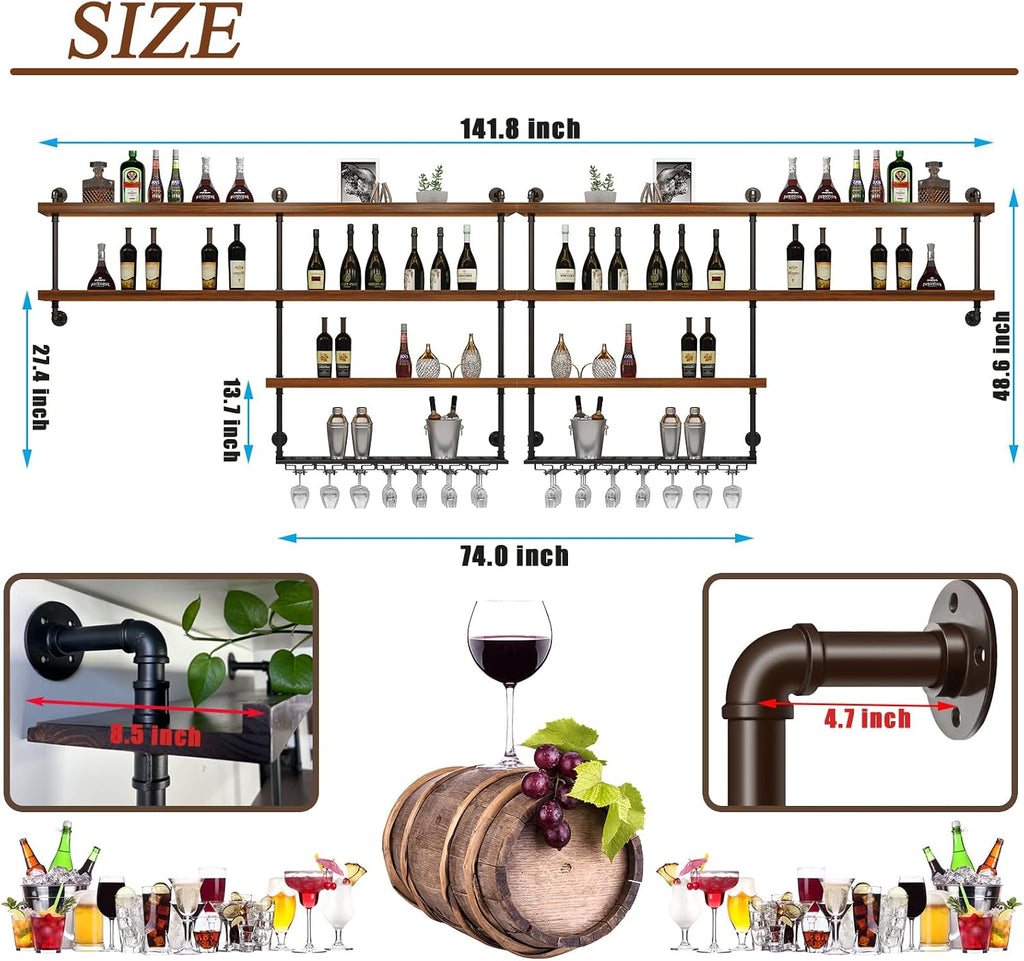 Solid Wood LED Wall Mounted Wine Rack | 4 Tiers Liquor Bottles Floating Shelves with Glass Holder, Industrial Style, Suitable for for Home Bar Dining Room