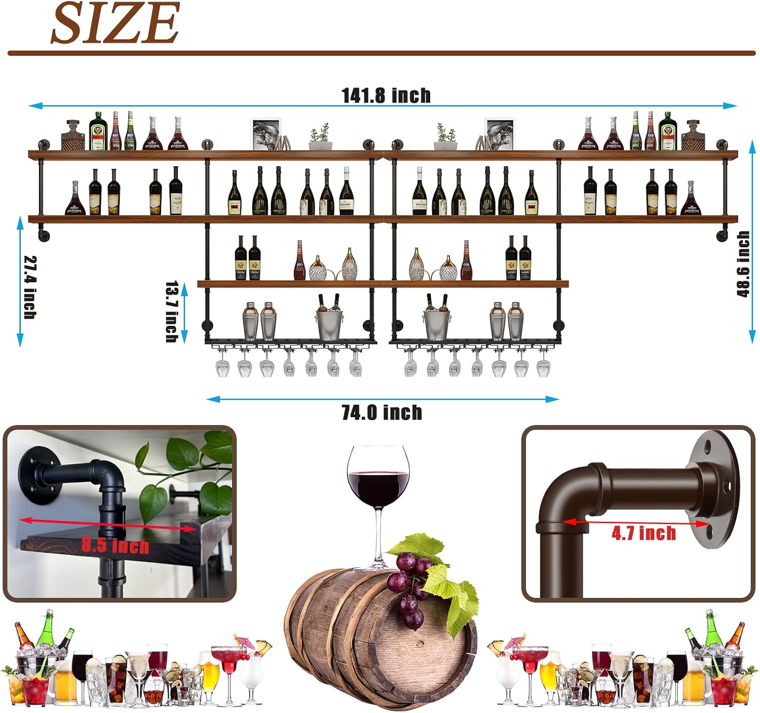 Solid Wood LED Wall Mounted Wine Rack | 4 Tiers Liquor Bottles Floating Shelves with Glass Holder, Industrial Style, Suitable for for Home Bar Dining Room