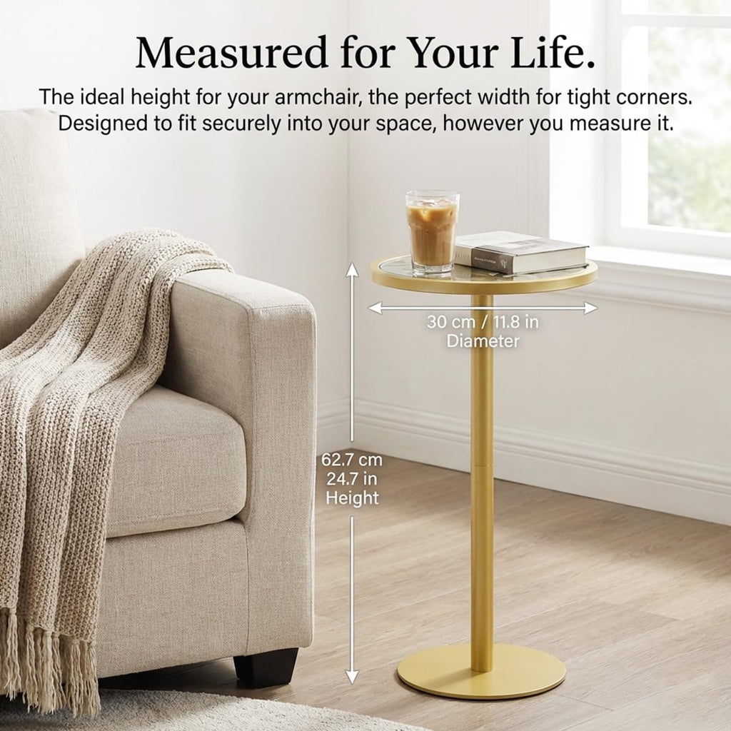 Gold Drink Table, Indoor Outdoor Small Round Side Table with Tempered Glass Top & Scroll Design, 24.7" Metal Pedestal End Table for Living Room, Patio, Small Spaces, Weather Resistant