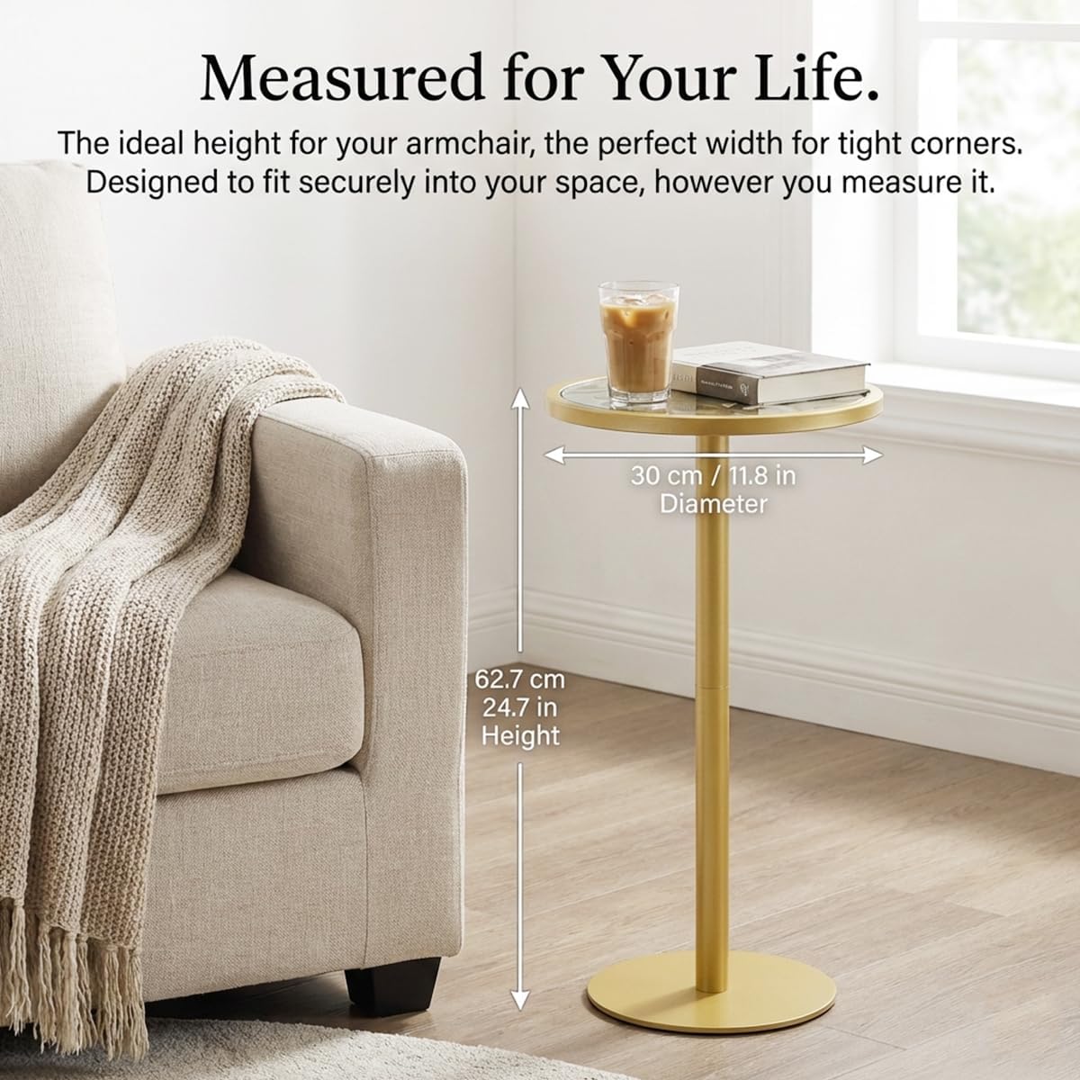 Gold Drink Table, Indoor Outdoor Small Round Side Table with Tempered Glass Top & Scroll Design, 24.7" Metal Pedestal End Table for Living Room, Patio, Small Spaces, Weather Resistant