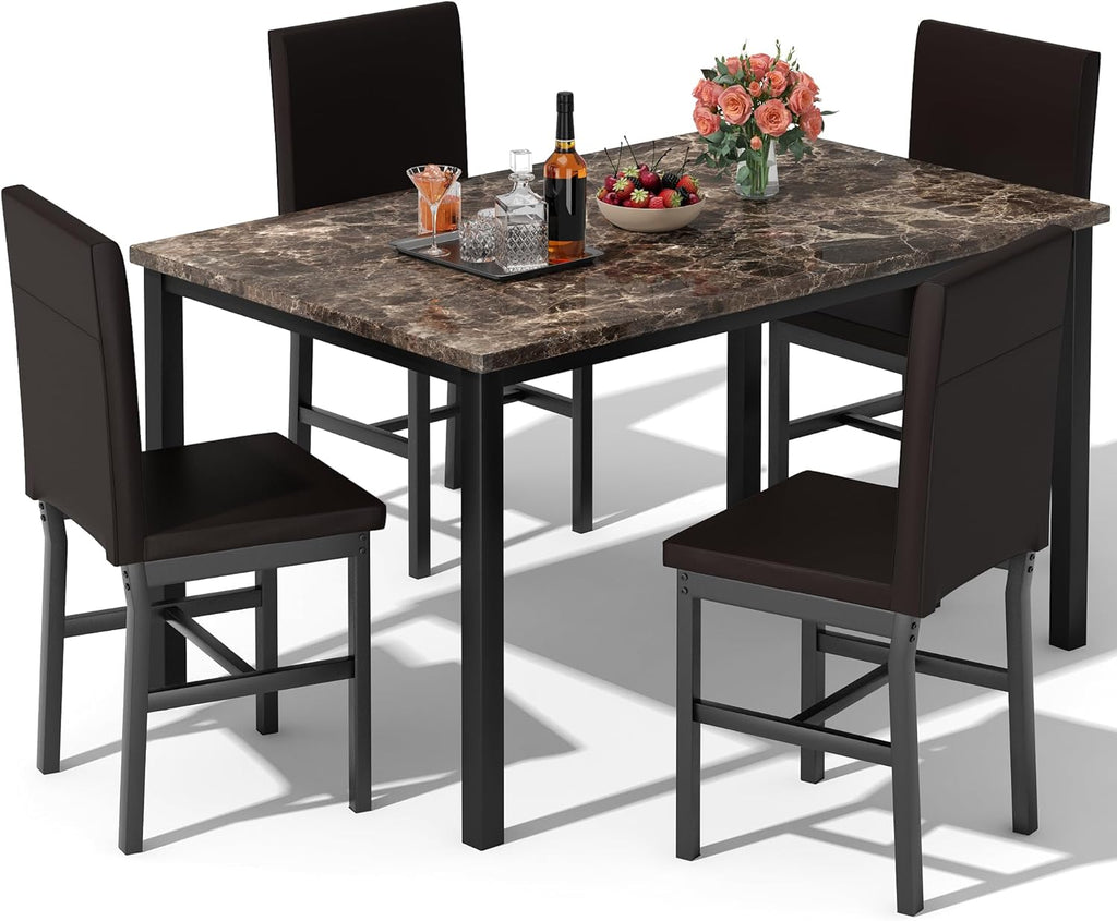 Hooseng 5 Piece Dining Table Set for 4, Faux Marble Kitchen Table with Upholstered Chairs, Modern Dinner Table Set for Dining Room, Apartment, Small Spaces, Brown＆Brown