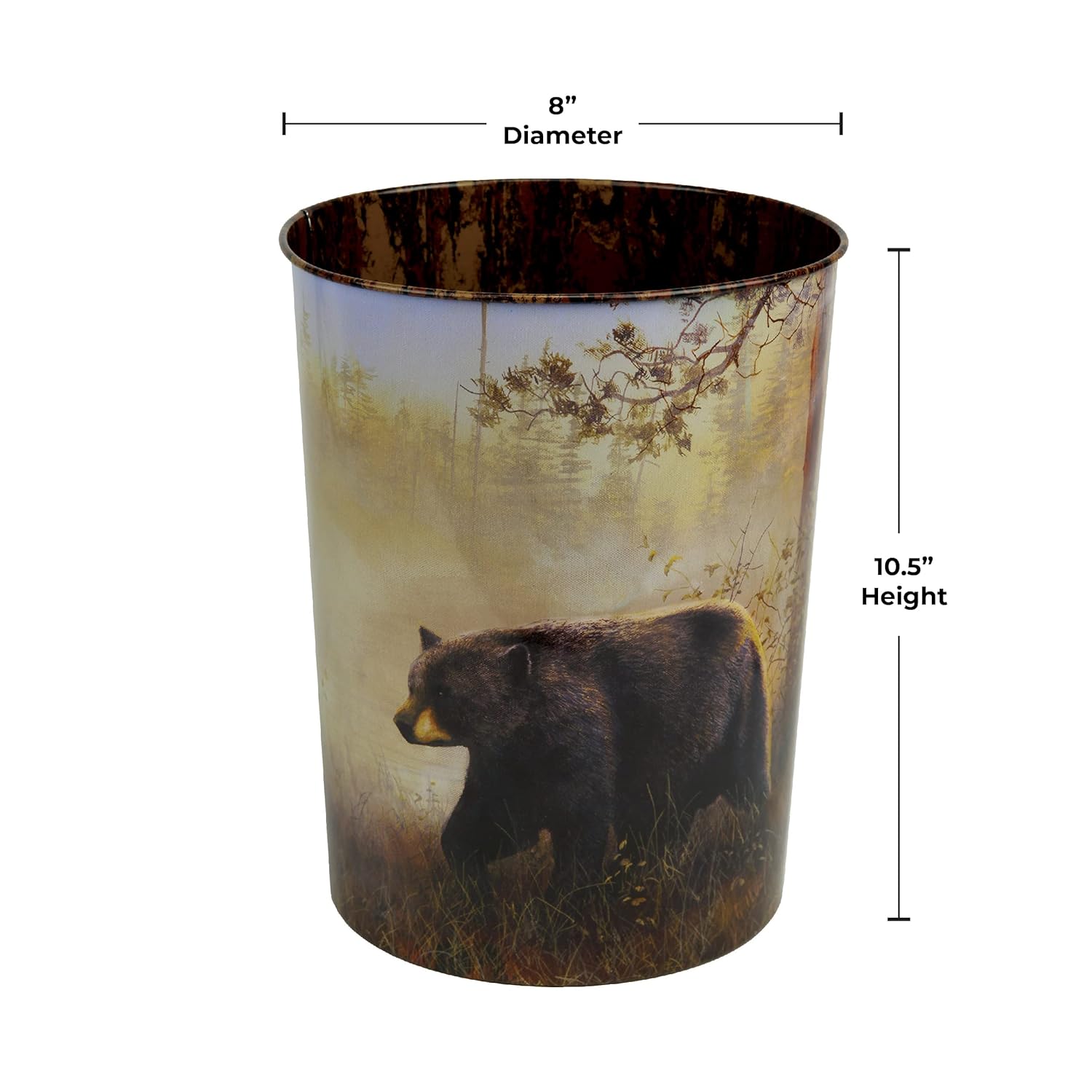 Rivers Edge Products Waste Basket, Tin Trash Bin for Office, Kitchen, Bathroom, Drink Bucket, 10.5 Inch Open Top, Lightweight Rectangular Design with Outside Art, Bear by Jim Hansel