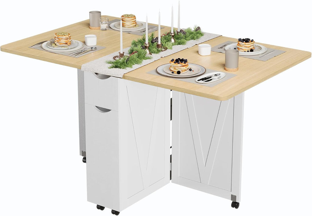 IDEALHOUSE Folding Dining Table, Folding Kitchen Table with Drawers and Storage, Apartments, Small Spaces, White