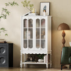 ECACAD 62.2" H Vintage 4-Tier Kitchen Pantry Freestanding Accent Storage Cabinet with Embossed Glass Doors, Solid Wood Legs & Bottom Shelf for Dining Room, White