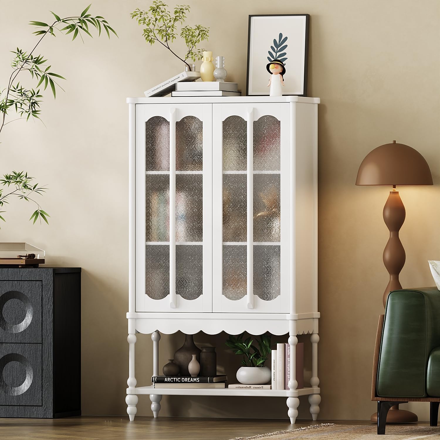 ECACAD 62.2" H Vintage 4-Tier Kitchen Pantry Freestanding Accent Storage Cabinet with Embossed Glass Doors, Solid Wood Legs & Bottom Shelf for Dining Room, White