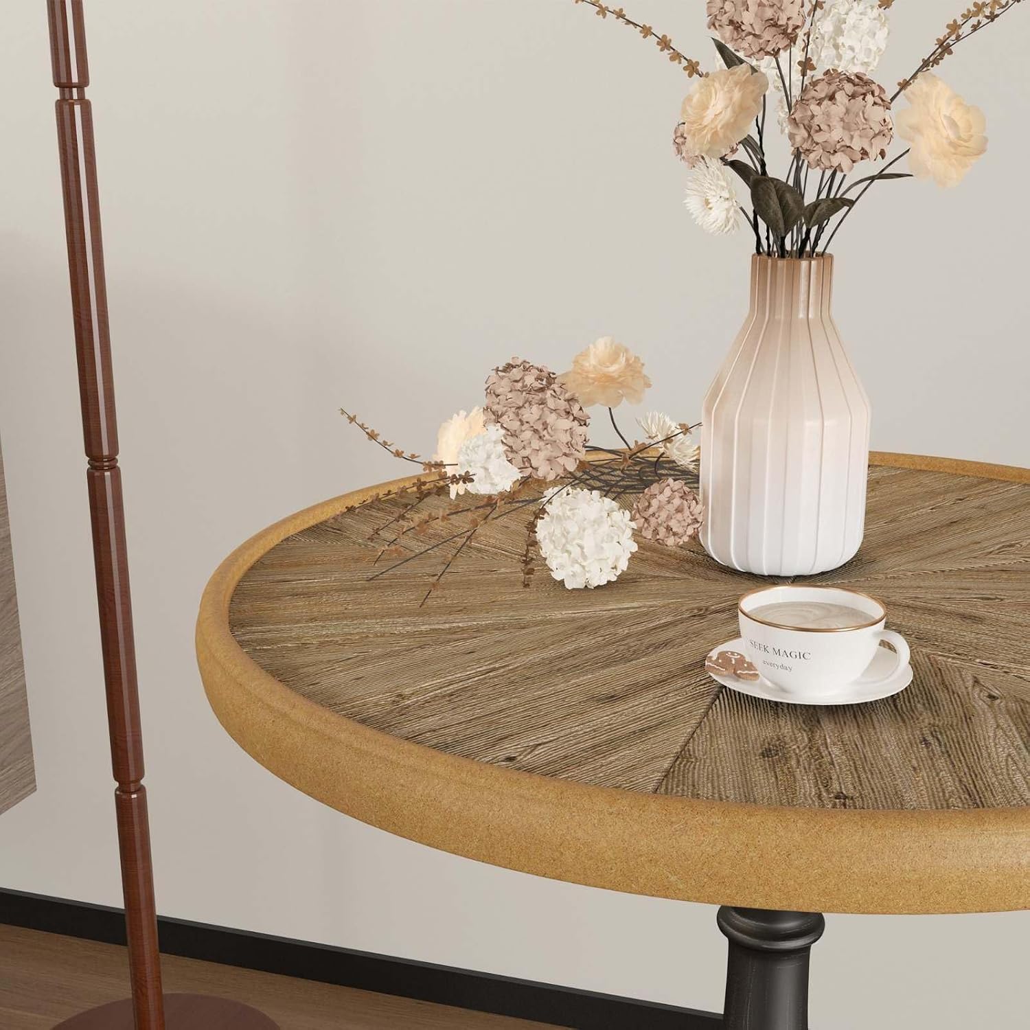 Vintage Round Accent Table with Carved Wood Detailing and Black Pedestal Base, 19.9” Diameter, 23.4” Height - Ideal for Living Room or Entryway Decor