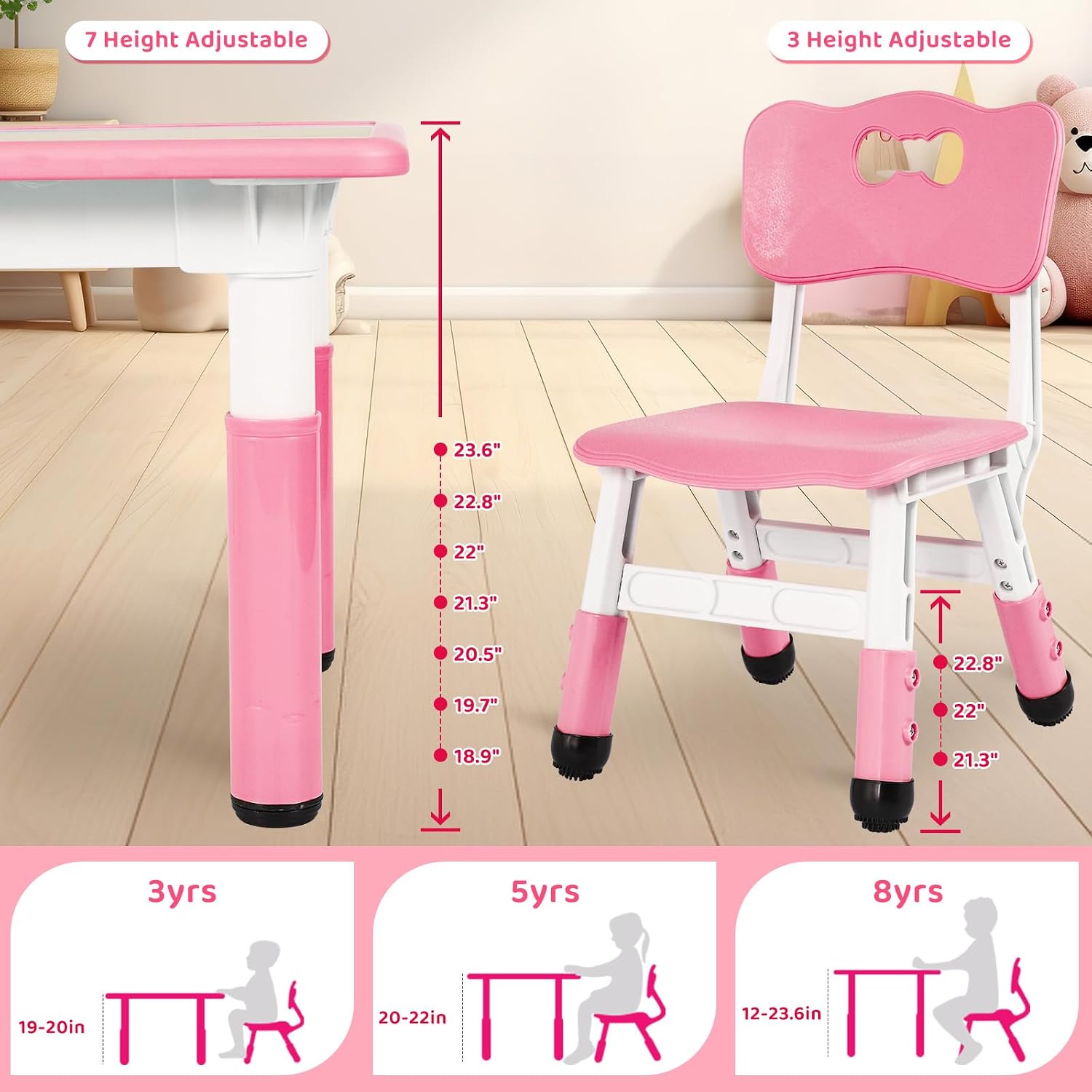 Arlopu Kids Table and 4 Chairs, Height Adjustable Toddler Desk & Chair Set, Anti-Slip Legs, Graffiti Desktop, Children Large Multi-Activity Table with 47.2" x 23.6", Classroom, Homes, Daycares (Pink)