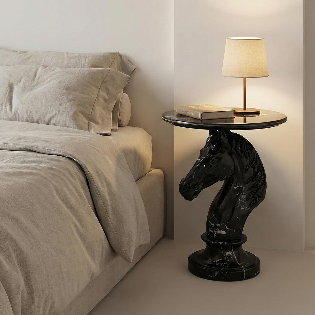 Horse Head Side Table, Faux Marble Round End Table with Resin Sculpture Pedestal Base, Small Accent Table for Living Room Bedroom Office, Modern Glam Decor, Black