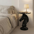 Horse Head Side Table, Faux Marble Round End Table with Resin Sculpture Pedestal Base, Small Accent Table for Living Room Bedroom Office, Modern Glam Decor, Black