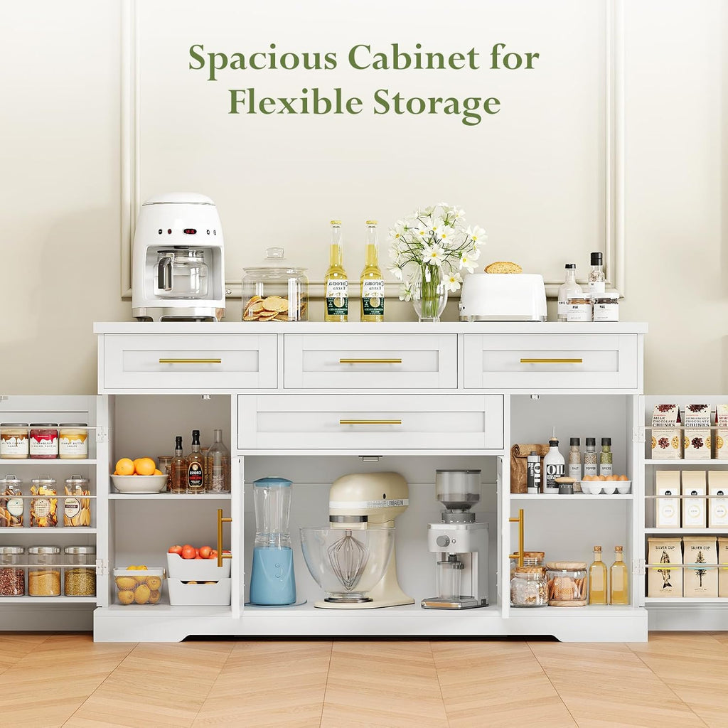 Concho 54" Buffet Cabinet with Storage, Kitchen Sideboards Small Coffee Bar Cabinet with 4 Drawers, Modern Kitchen Storage Cabinet for Living Room, Pure White