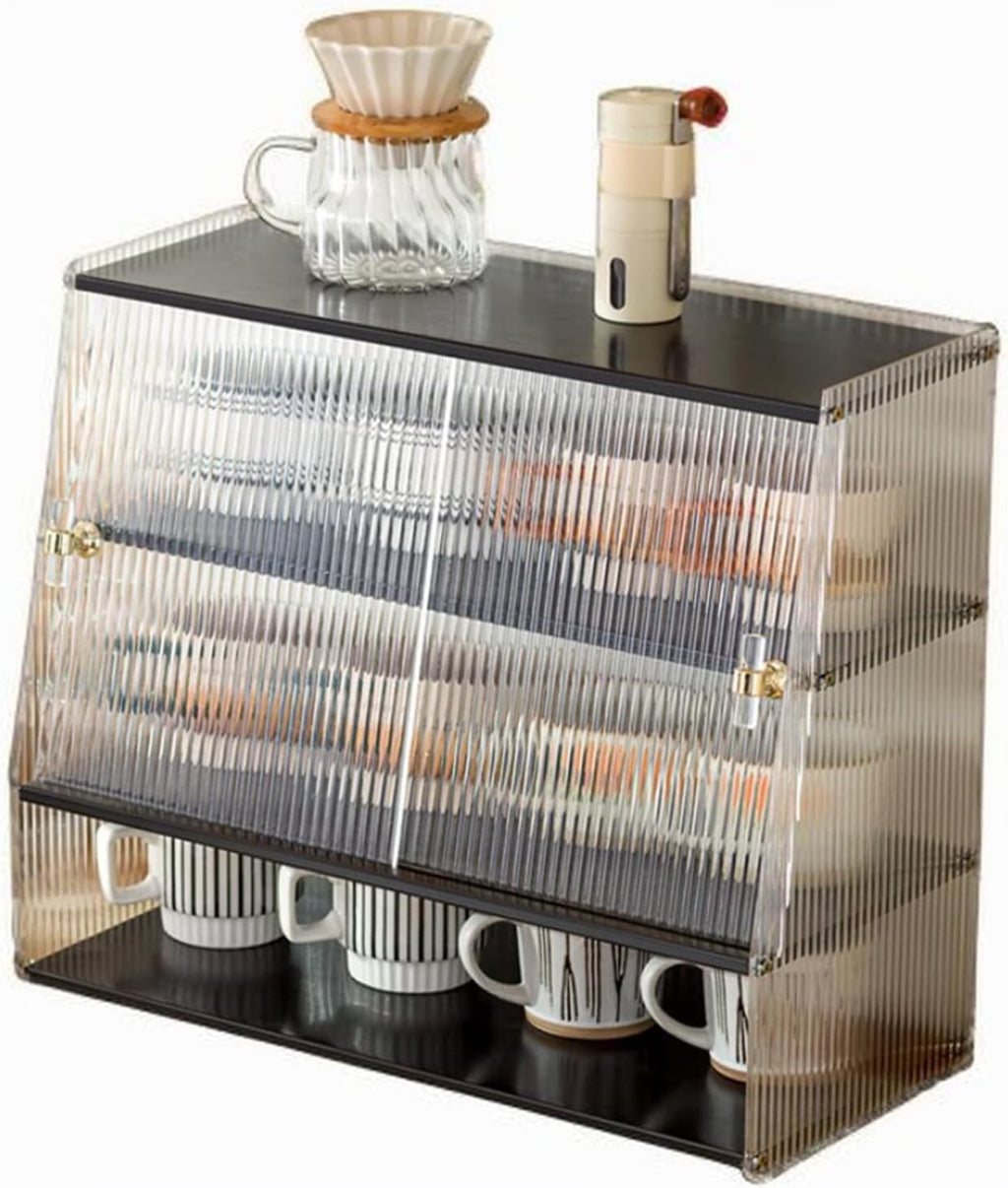 4-Tier Clear Acrylic Organizer, Pantry Cabinet with Sliding Doors, Trapezoidal Countertop Cabinet for Bowls, Spices or Bathroom Storage (B)