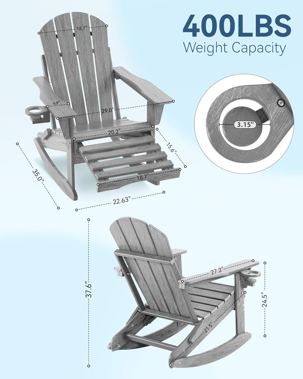 Adirondack Rocking Chair with Retractable Ottoman and Cup Holders, HDPE Adirondack 4-in-1 Multifunctional Rocker Patio Rocking Chair for Porch, Patio, Balcony, Leaden,Grey