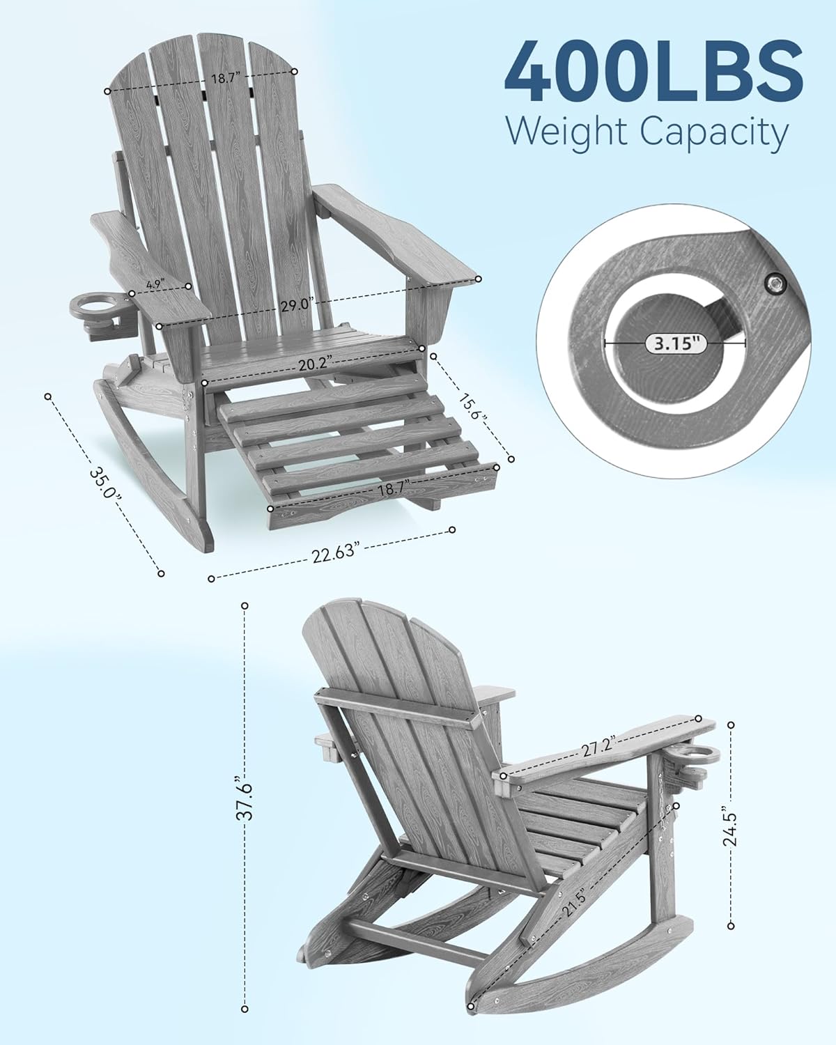 Adirondack Rocking Chair with Retractable Ottoman and Cup Holders, HDPE Adirondack 4-in-1 Multifunctional Rocker Patio Rocking Chair for Porch, Patio, Balcony, Leaden,Grey