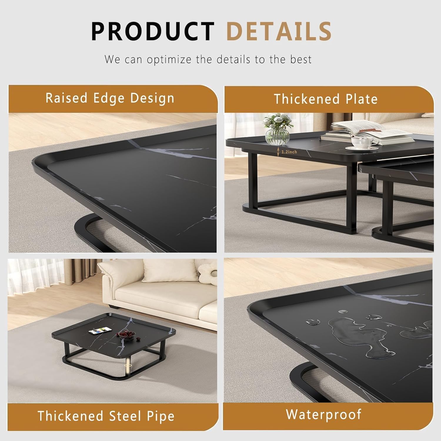 Nesting Coffee Table Set of 2, 23.6"+19.7" Nesting Tables,Small Square Coffee Table with Fluted,Center Table for Living Room Bedroom Office Balcony Yard (Black)
