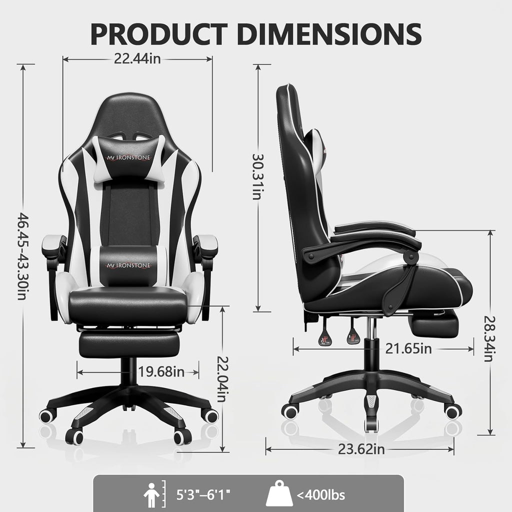 Mr IRONSTONE Gaming Chair with Footrest, Ergonomic Reclining Gamer Chair with Lumbar Support & Massage, High Back Racing Style Video Game Chair, Adjustable Headrest, Swivel Desk Chair, Black