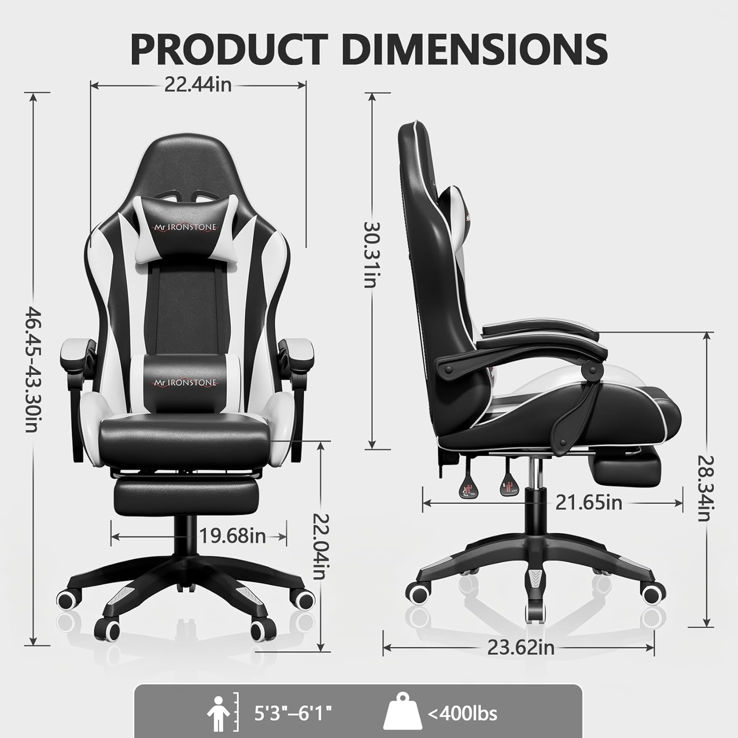 Mr IRONSTONE Gaming Chair with Footrest, Ergonomic Reclining Gamer Chair with Lumbar Support & Massage, High Back Racing Style Video Game Chair, Adjustable Headrest, Swivel Desk Chair, Black