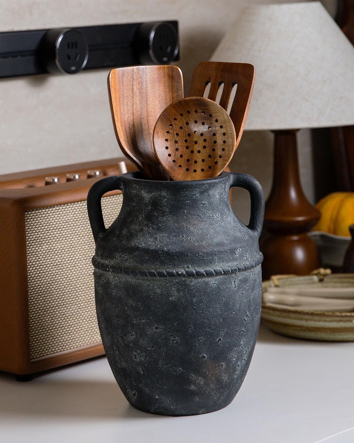 Ceramic Flower Vase Home Decor - 9 inch Farmhouse Rustic Vases, Vintage Pottery with Handles for Living Room Kitchen Bookshelf Mantel Coffee Table Dining Fireplace,Thoughtful Gift (Black Gold)