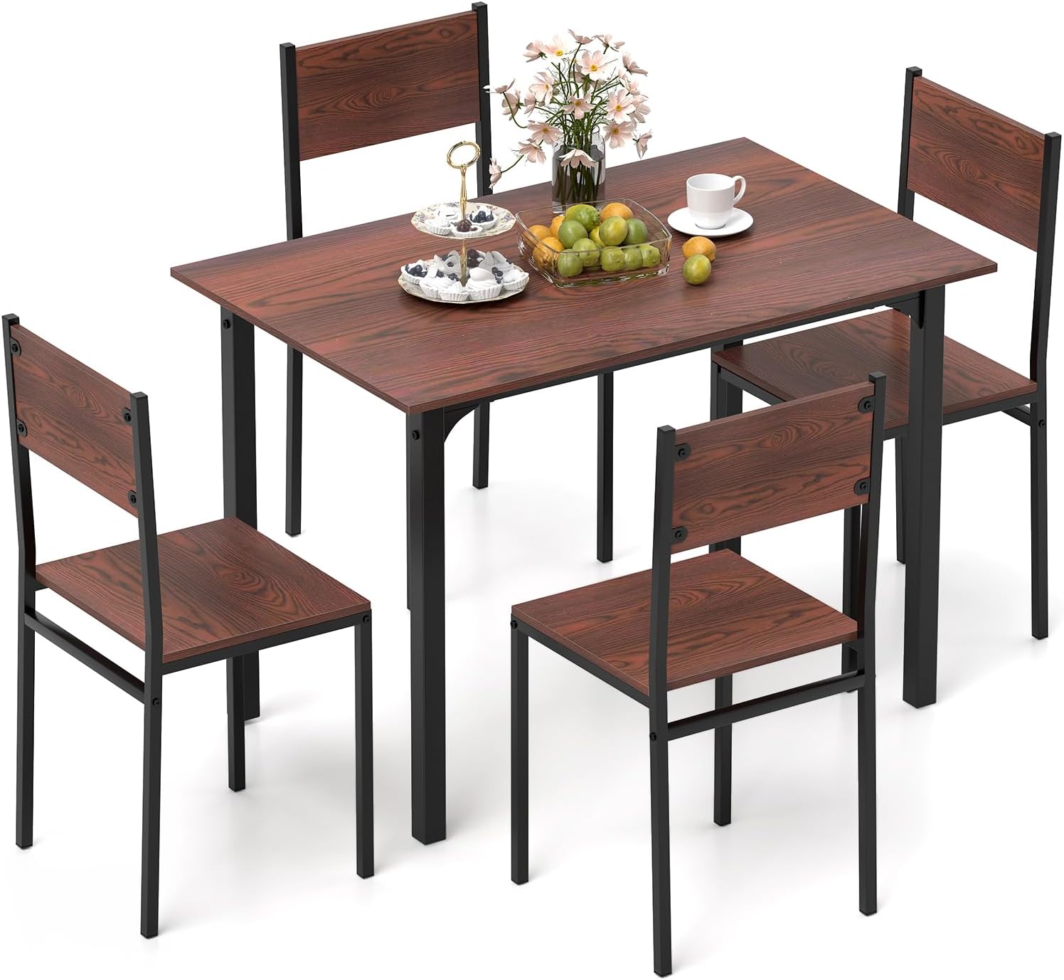 Tangkula Dining Table Set for 4, Modern Table and Chairs Set of 4 for Kitchen Dining Room Breakfast Nook (Walnut)