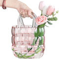 Unique Pink Purse Vase for Flowers,11'' Handmade Thicken Bubbled Glass Bag Vases with Gradient Color for Home Decors .Great Clear Purse Flower Vase for Centerpiece,Floral Arrangement,Wedding Decors.