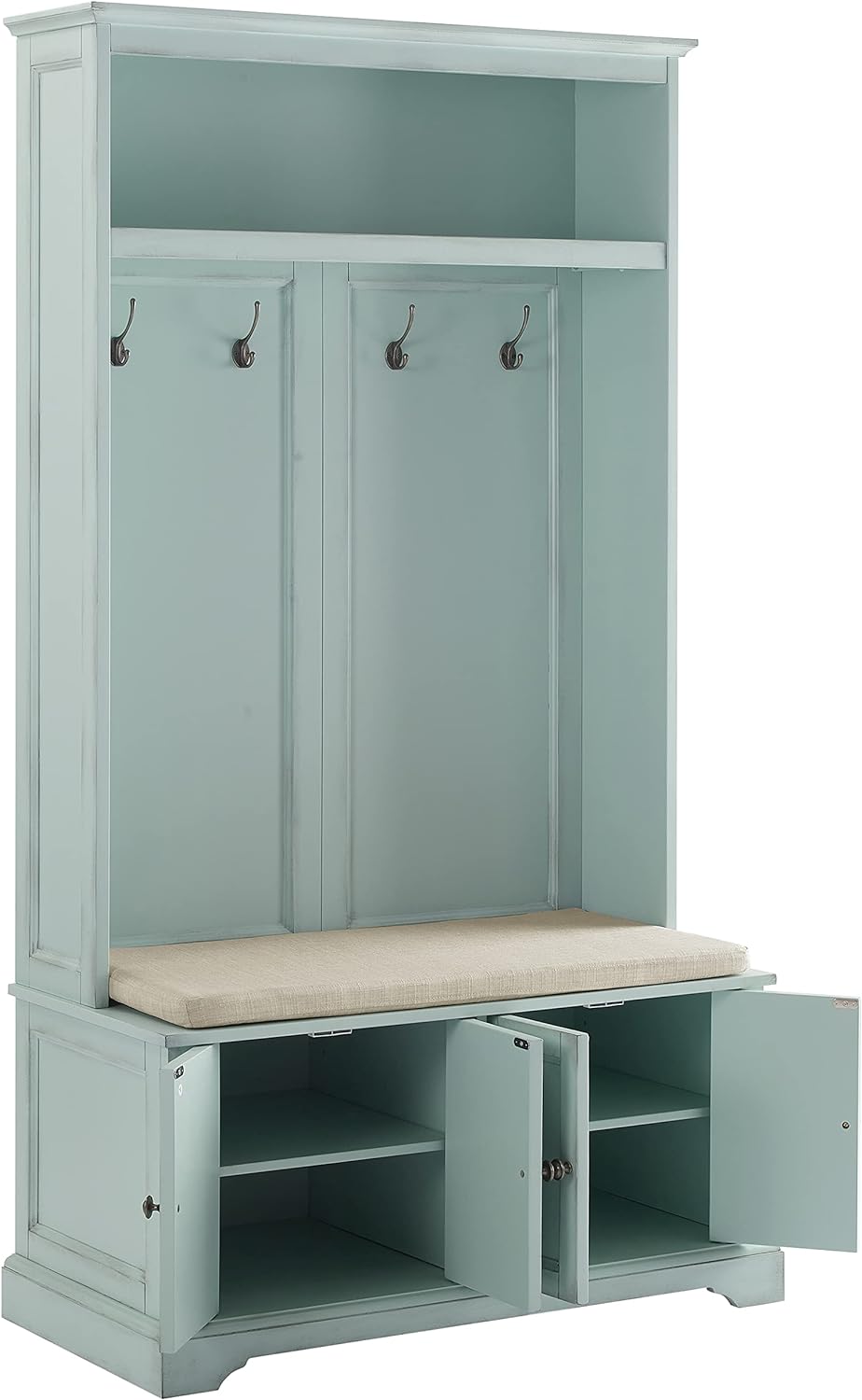 Crosley Furniture Holbrook Hall Tree with Shoe Rack Bench and Coat Hooks for Hanging Storage, Distressed Seafoam Blue