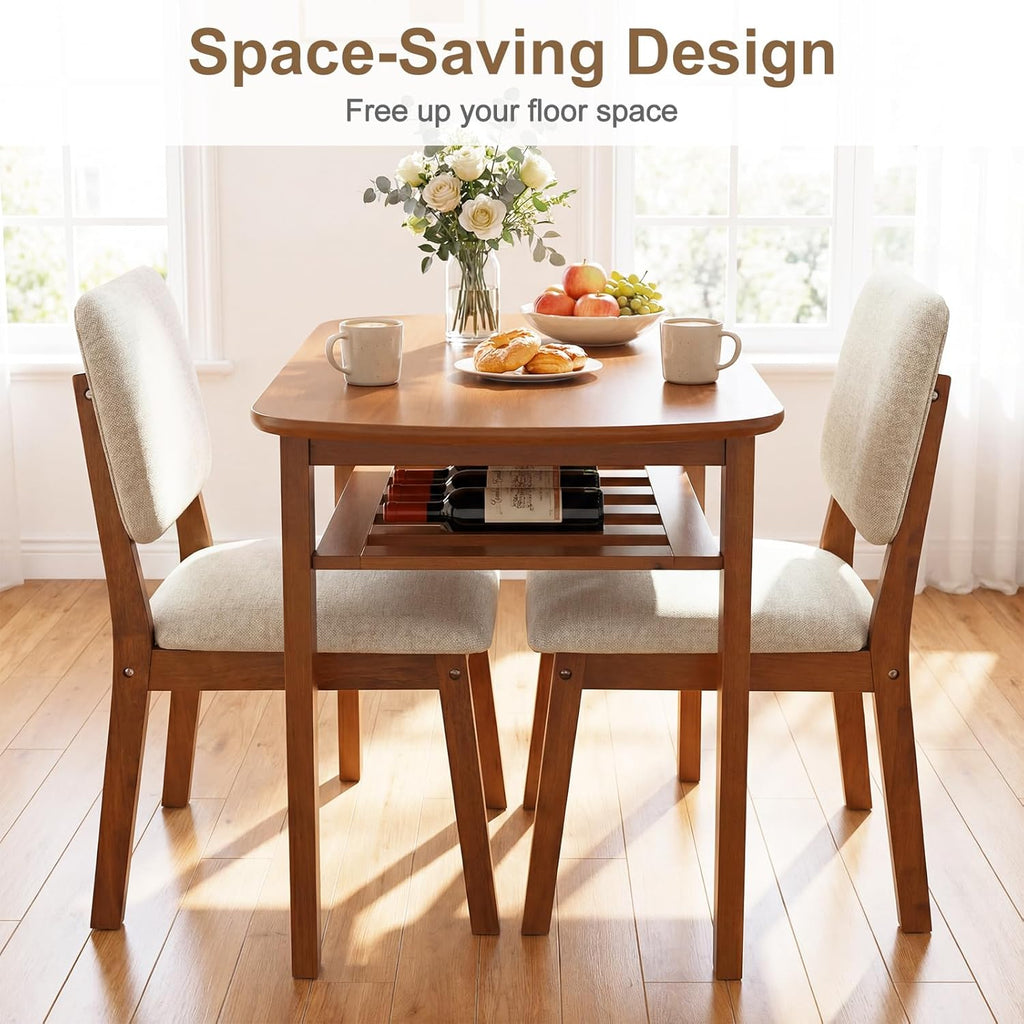 Giantex Dining Table Set for 2, Space Saving Kitchen Table and Chairs Set w/Rubber Wood Frame, Storage Rack, Padded Seats & Backrests, Dinette Set for Small Space, Apartment, Dining Room, Walnut