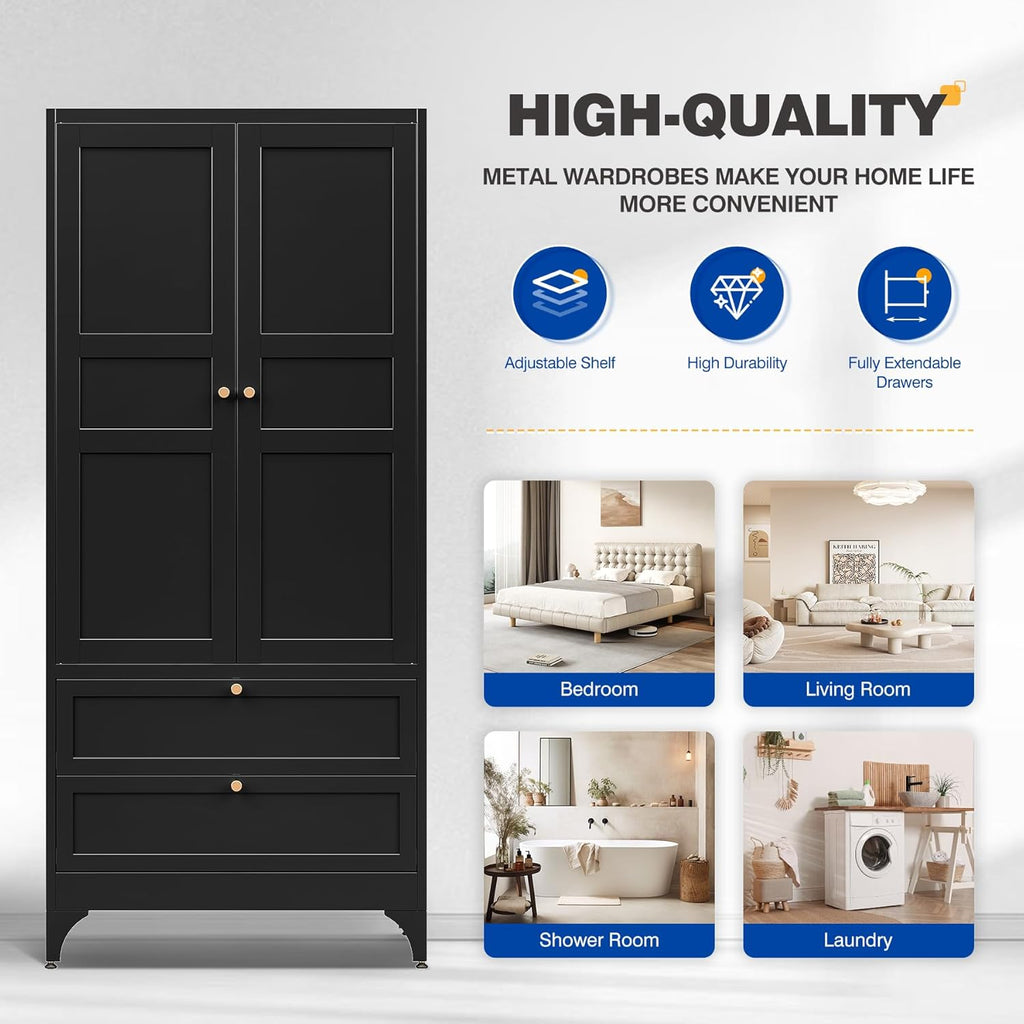 BYNSOE 71" Tall Metal Wardrobe Closet with 2 Drawers, Steel Armoire Cabinet with Hanging Rod and Adjustable Shelves, Freestanding Clothes Storage Organizer for Bedroom(Black, with 2 Drawers)