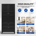 BYNSOE 71" Tall Metal Wardrobe Closet with 2 Drawers, Steel Armoire Cabinet with Hanging Rod and Adjustable Shelves, Freestanding Clothes Storage Organizer for Bedroom(Black, with 2 Drawers)