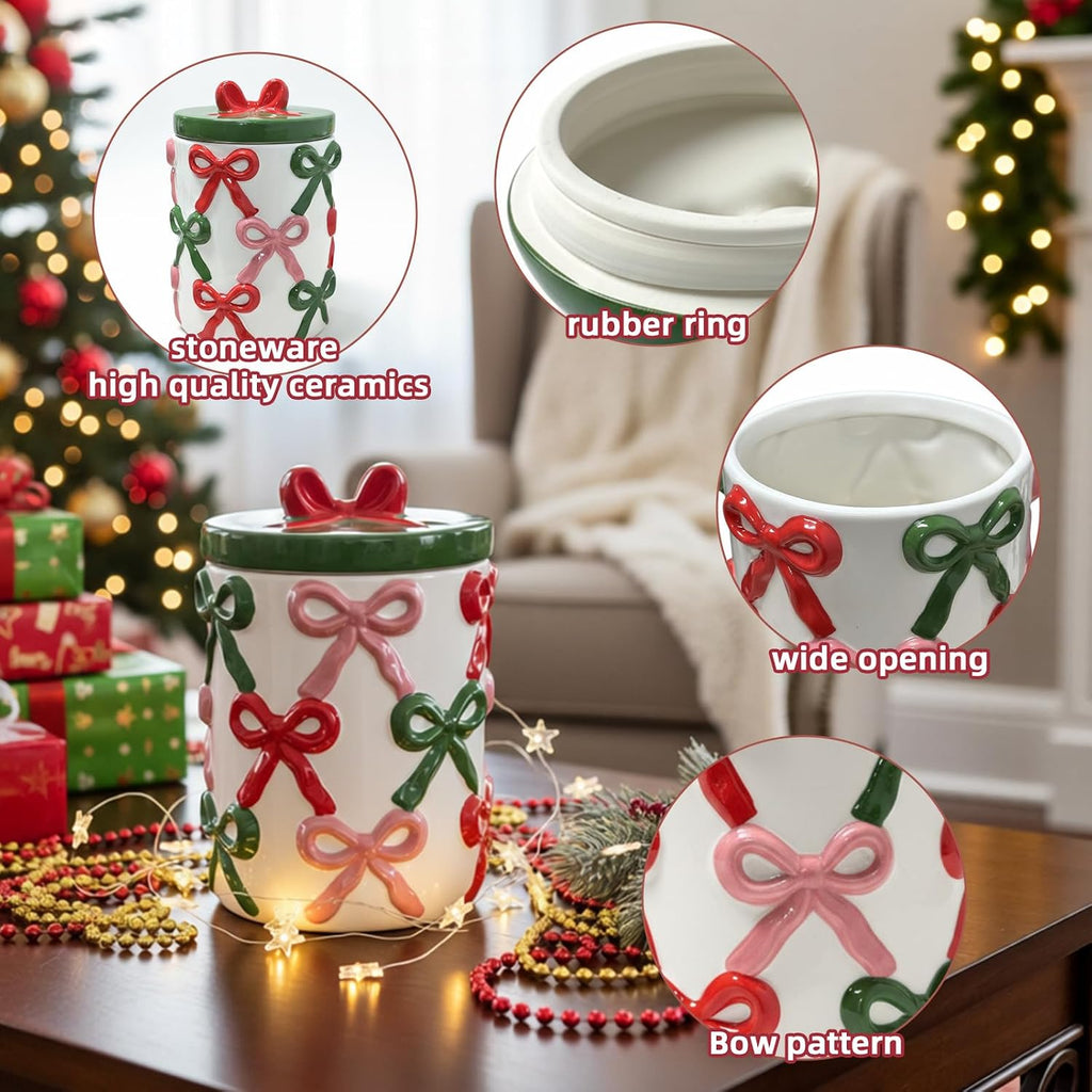 DIF DECO Christmas Ceramic Food Storage Jars with Lid, 56 OZ Xmas Hand-Painted Red and Green Bow Kitchen Containers for Coffee, Cookie, Snacks, Tea, Spice, Cereal, Nut, Flour