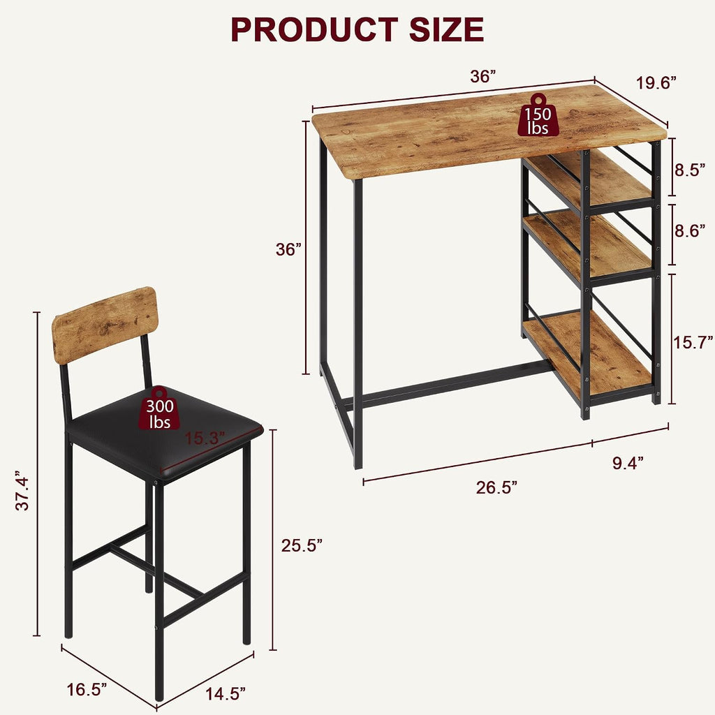 Bar Table and Chair Set with Three Shelves Small 2-Person Dining Table with 2 Upholstered Stools with Backrests Suitable for Restaurants and Bistros -Vintage Color