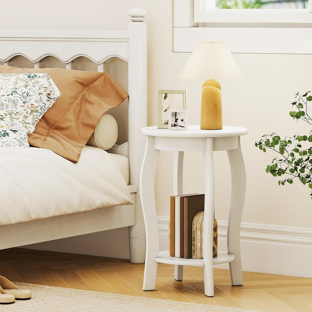 Giantex Round End Table, Wooden Side Table with Storage Shelf, Small Nightstand with Solid Wood Legs, 2-Tier Accent Table for Living Room Bedroom, White