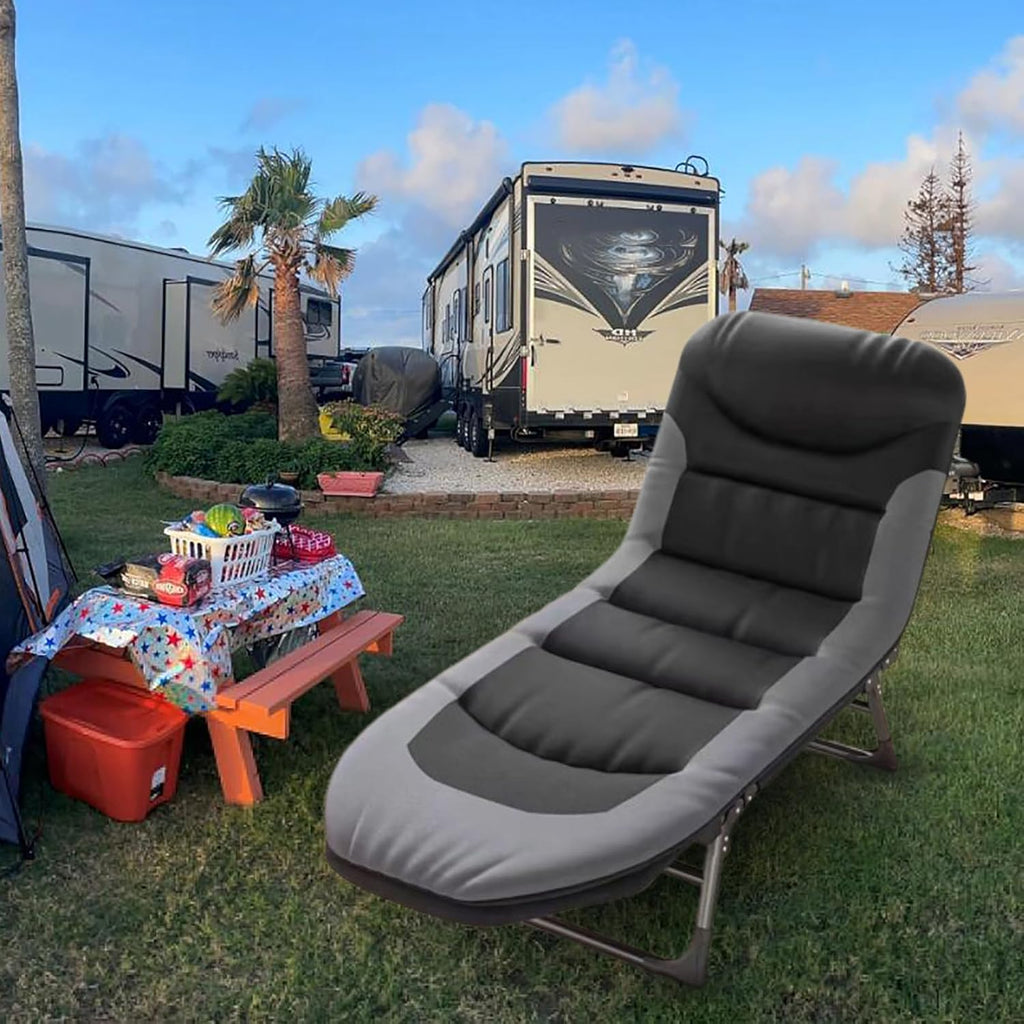 Folding Lounge Chairs for Outside, Portable Camping Cot, 6-Position Chaise Lounge Chairs with Side Pocket and Mattress, Heavy Duty Chaise Lounges for Outdoor Patio Balcony Beach (Black)