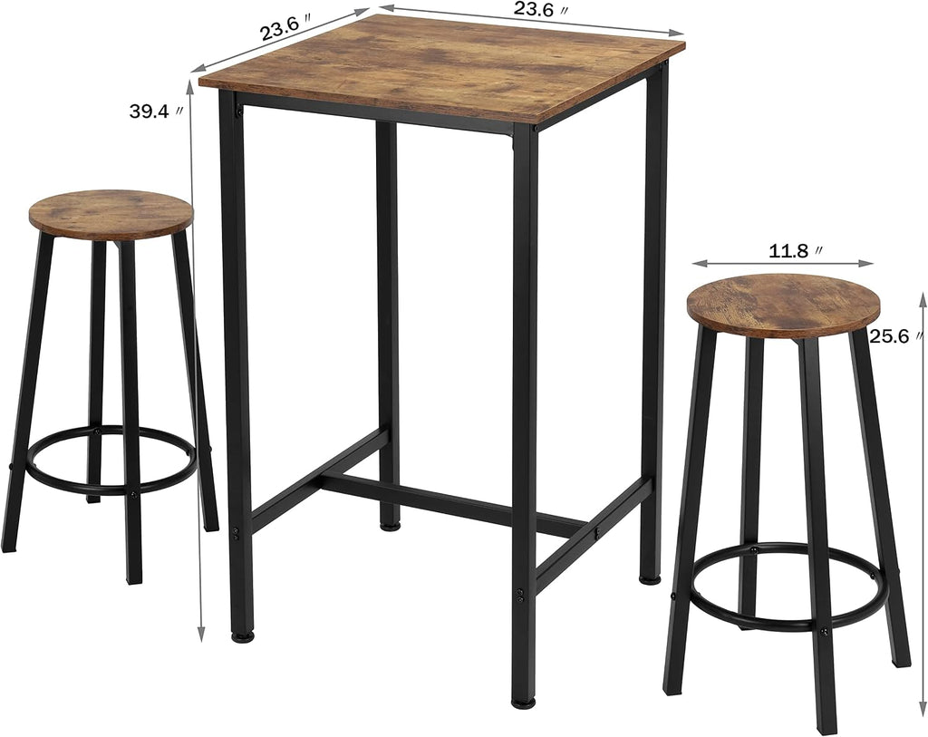 Finnhomy Bar Table Set, 23.6" Pub Table High Top Table, Square Bar Height Table, Bar Table with Stools, Kitchen Table Set for 2, Dining Table Set, Breakfast for Kitchen, Living Room, Rustic Brown