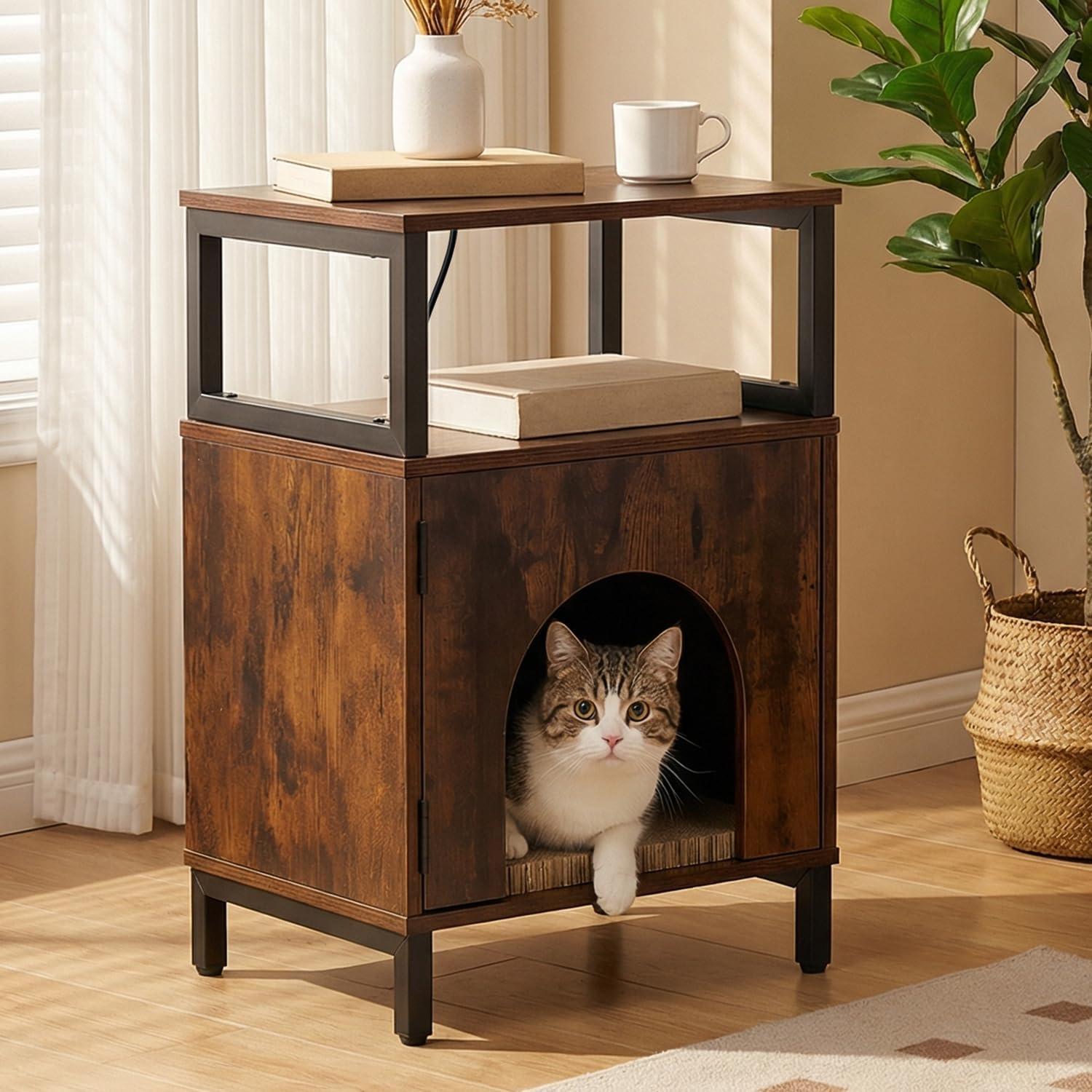 Cat Side Table with Charging Station & Storage Shelf, Small End Tables with Cat Cave & Scratcher Pad for Living Room, Small Spaces, Bedroom, Office, Easy Assembly, Space Saving, Brown