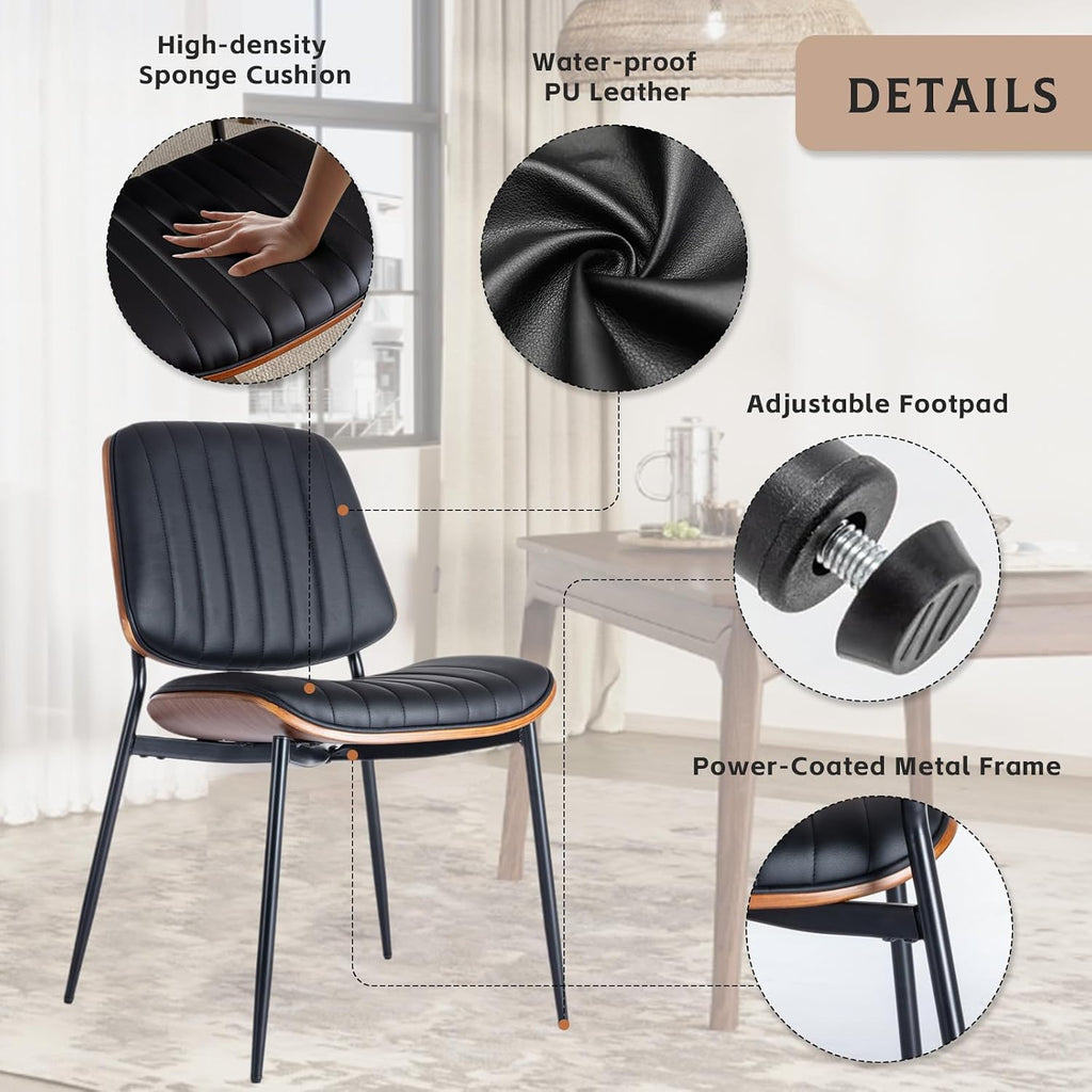 Dining Chairs Set of 6, Upholstered Mid-Century Modern Dining Room and Kitchen Chairs with Walnut Backrest,Retro Accent PU Leather Side Chairs with Metal Legs,Dark Black