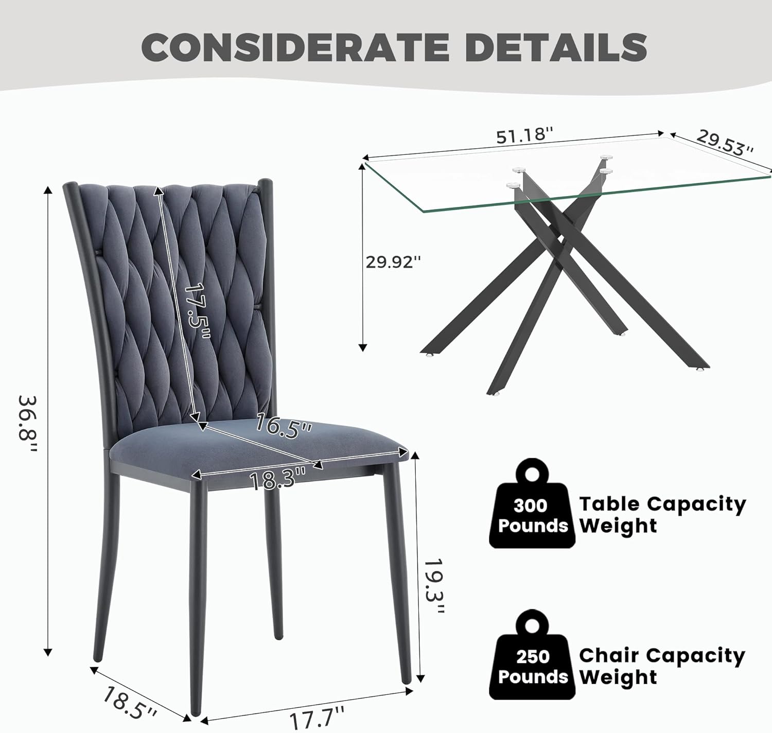 51'' Glass Dining Table Set for 4, Modern Rectangular Dining Room Table with Black Metal Legs & 4 Upholstered Velvet Dining Chairs, Space-Saving Kitchen Table Set for Small Spaces(Dark Grey)