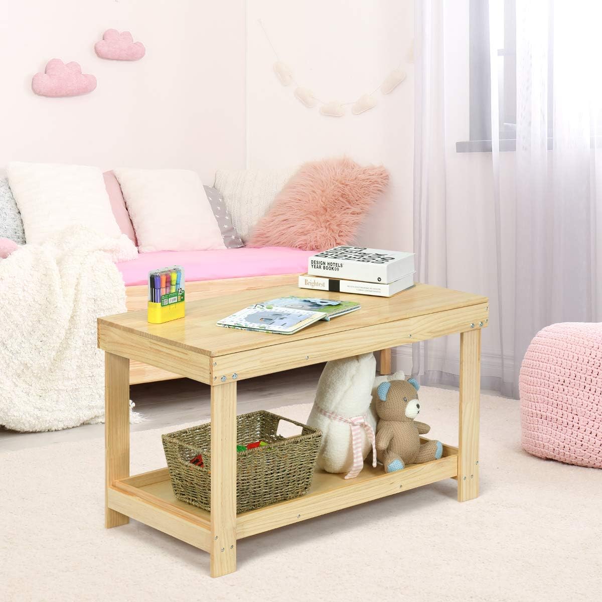 Costzon 2 in 1 Kids Activity Table w/Storage, Patented Building Block Table w/Board for Bricks Crafts Arts Draw, Children Solid Wood Play Table Desk for Preschool Toddler Boy & Girl Gift, Natural