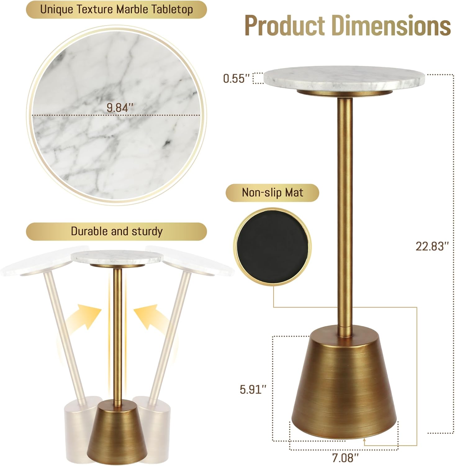 White Marble Pedestal Side Table, Round Accent End Table with Metal Base for Couch, Small Drink Tables for Small Spaces, Vintage Antique Gold Cocktail Martini Table for Living Room