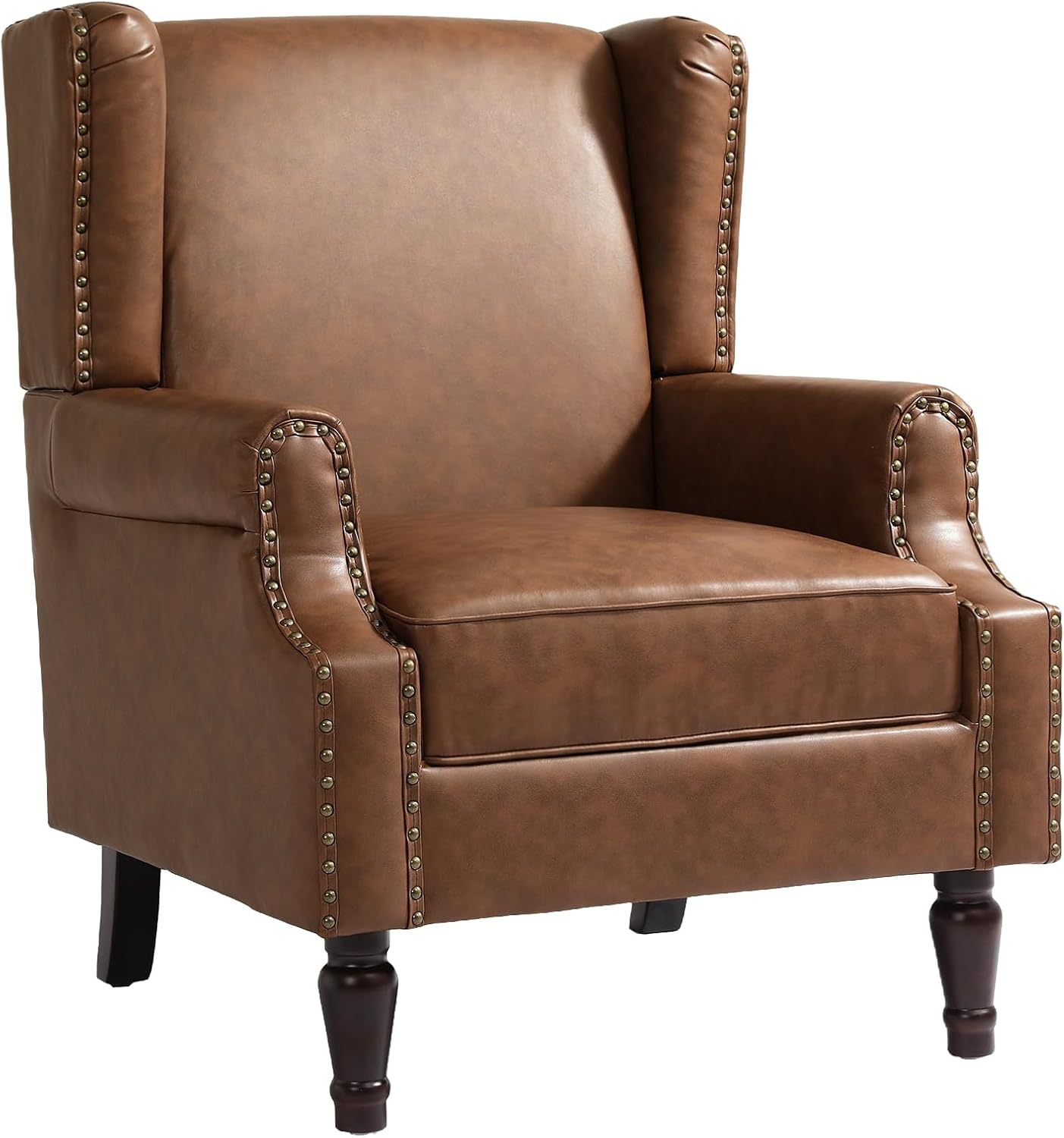 High Back Accent Chair, Faux Leather Wingback Chair Upholstered Armchair for Living Room, Retro Comfy Single Sofa Bedroom Reading Seat with Solid Wood Legs - Brown