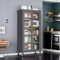 Metal Kitchen Pantry Storage Cabinet on Locking Casters, Double Ribbed Glass Doors, Multi Shelf Organizer for Microwave Appliances, Countertopware, Dining Room, Laundry, Garage (Grey)