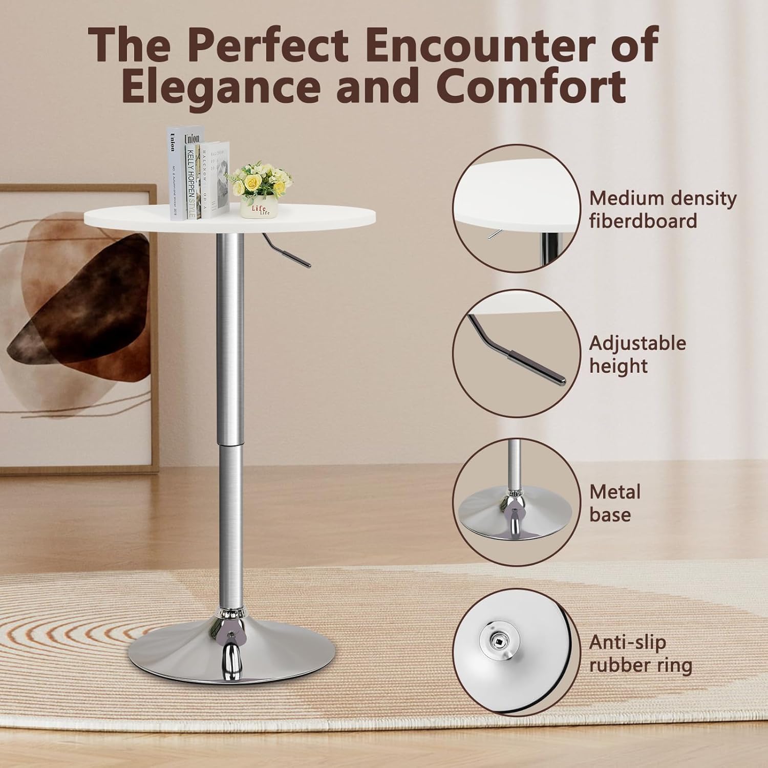 CLATINA Round Bar Table, Height Adjustable 26"-36" Bistro Pub Table with Metal Base, 360° Swivel High Top Cocktail Table for Kitchen, Home, Restaurant, Cafe, Wedding, Party, Reception，White