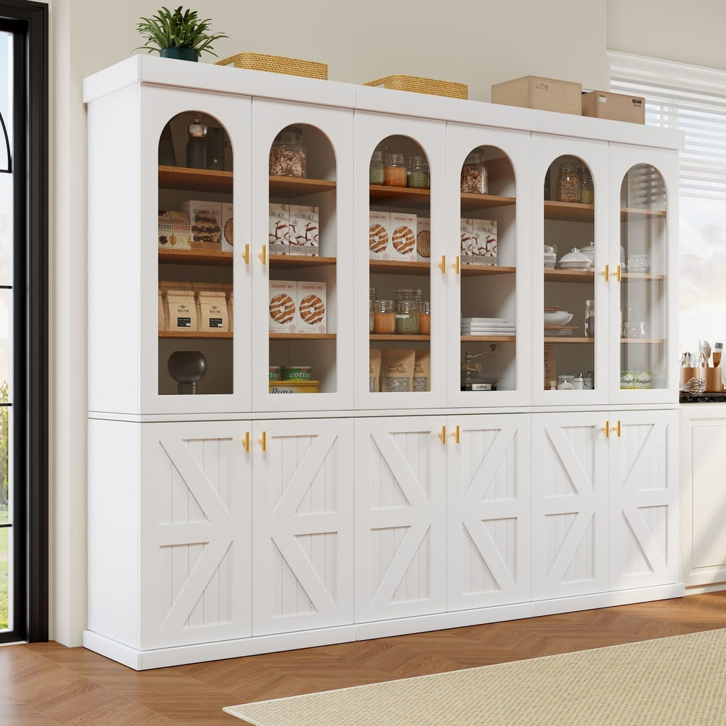 Farmhouse Kitchen Pantry Cabinet Set of 3, 71-Inch Tall Wood Hutch with Glass Doors, Adjustable Shelves & Large Storage, Versatile Cabinet for Dining Room, Living Room, White