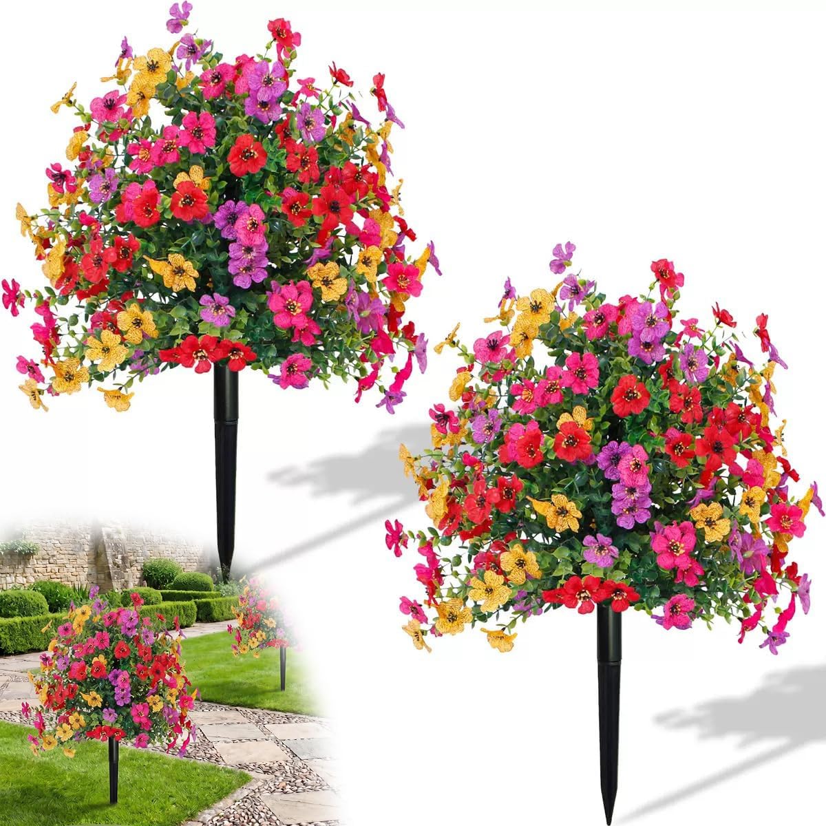 22 Inch Artificial Flower Stake Outdoor Decor - Multi-Color Garden Stakes for Yard & Lawn, No Fade Heavy Duty Plastic, All Season Decoration（2pcs-Mix）