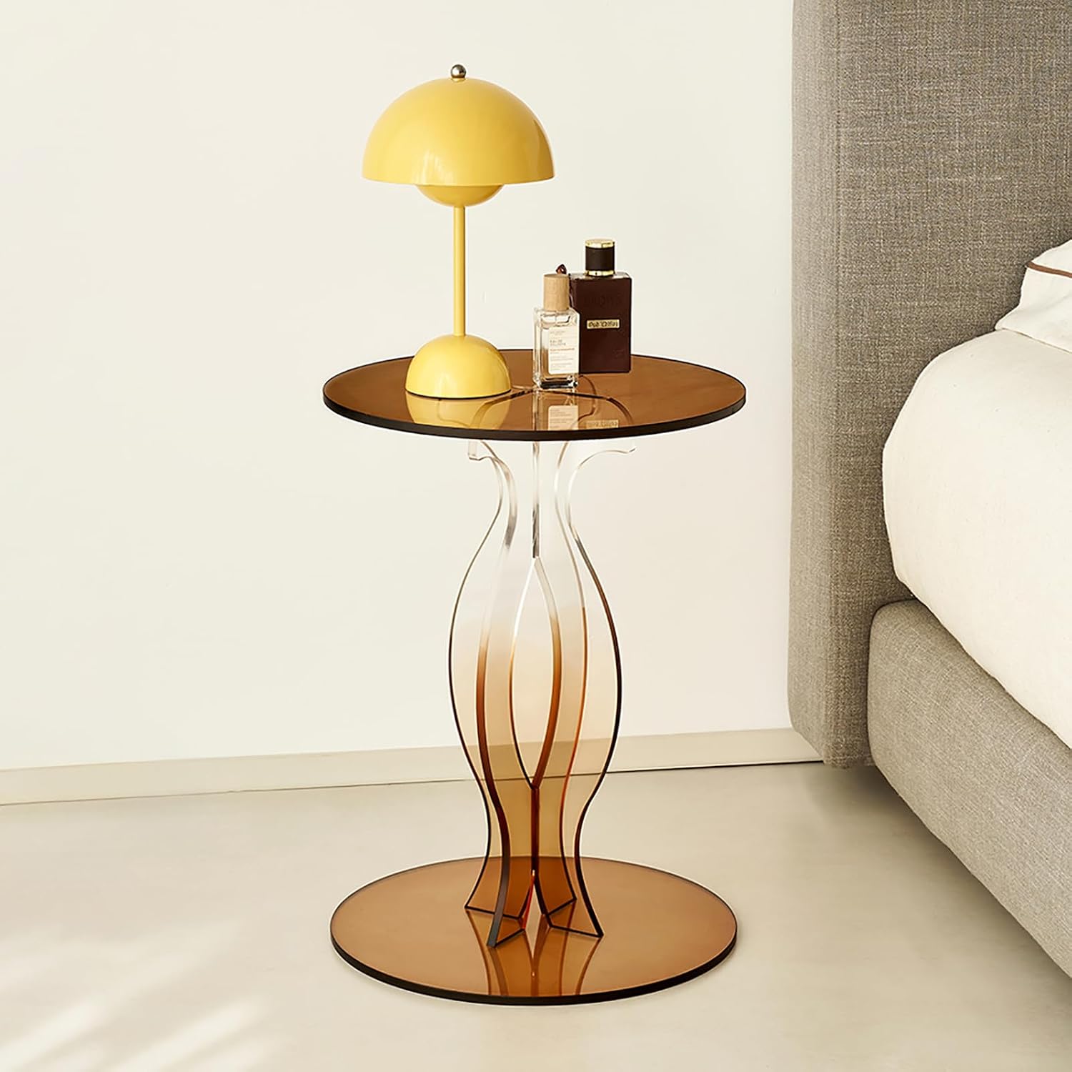 Acrylic Side Table, Clear End Table, Round Drink Table, Modern Nightstand for Living Room, Coffee Tables for Bedroom, Amber