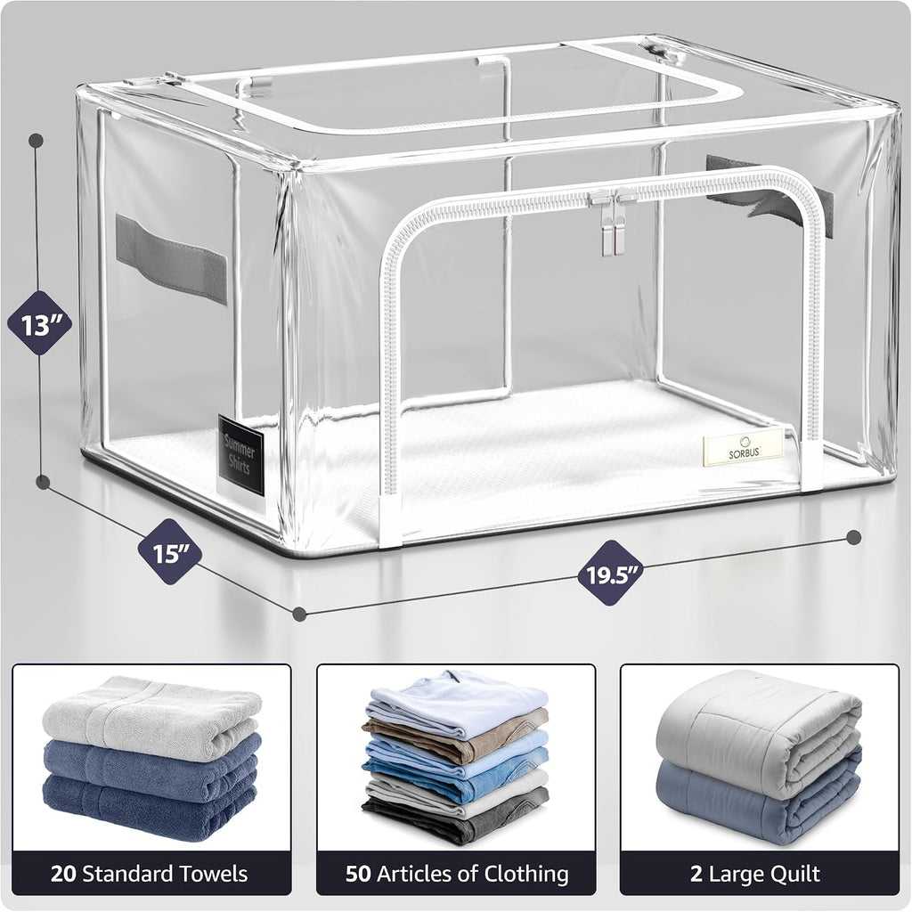 Sorbus Storage Bins with Metal Frame - Stackable & Foldable Clothes Organizer Bags - Clear Soft Plastic Storage Containers (2 Pack, Medium)